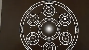 White spell circle interface in front of a door